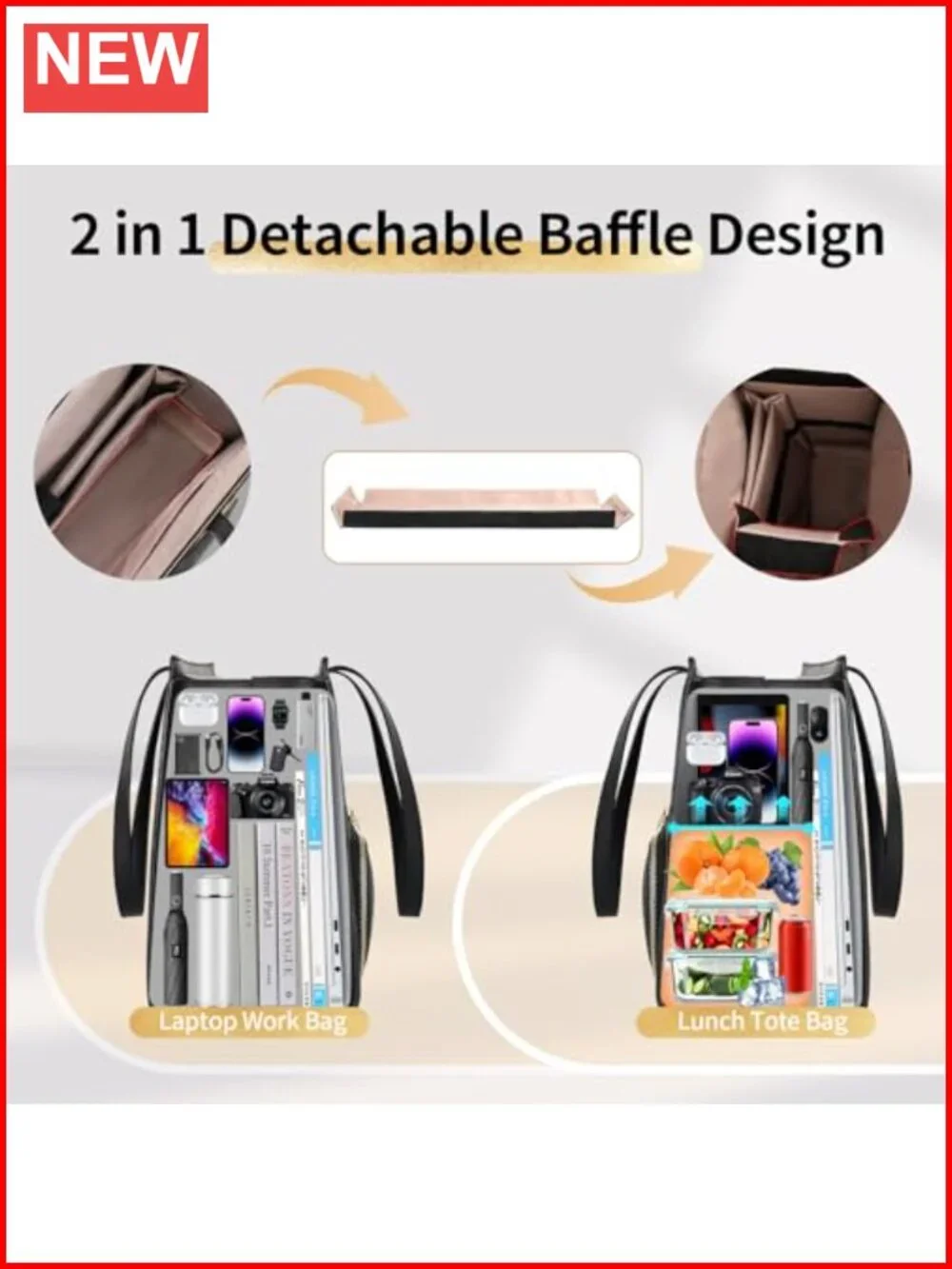 Women's PU Leather Laptop Tote Bag with Insulated Lunch Compartment, 17.3 inch,